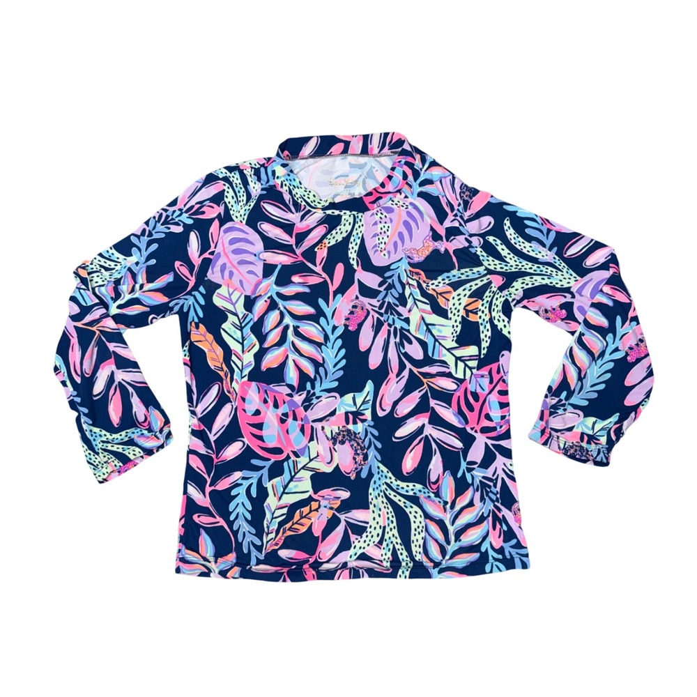 Lilly Pulitzer Rash Guard Kids 12 Navy Pink Tropical Leaf Long Sleeve Good